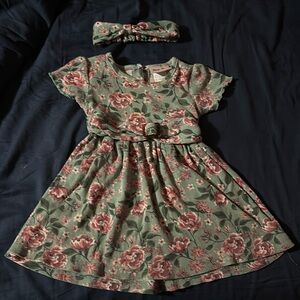 Green Floral Little Lass Dress with Headband